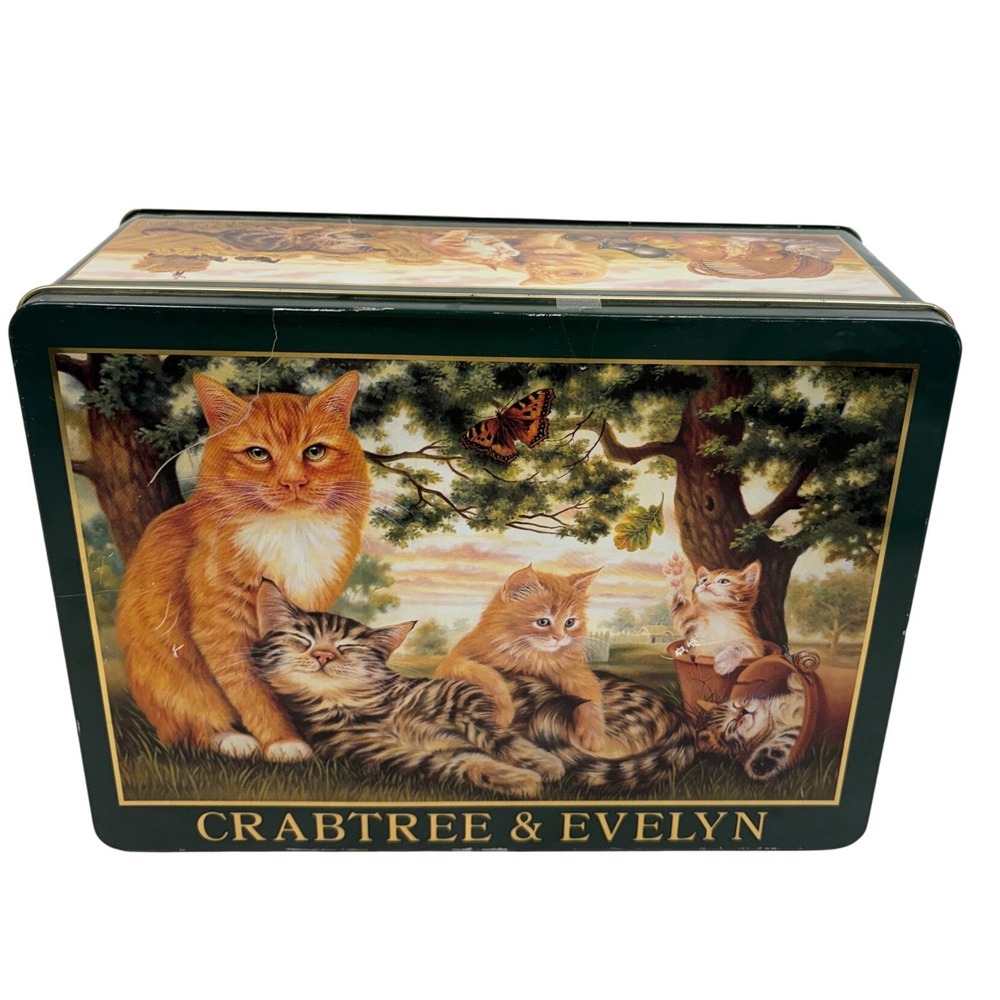 Vintage 1993 Crabtree & Evelyn London Cat Kitten Collectible Tin Green Gold 9.5"